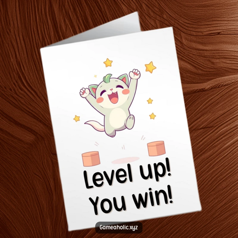 Funny Free Printable Birthday Card featuring a cute creature leaping joyfully, celebrating a virtual victory with excitement.