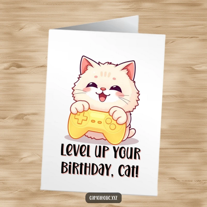 Funny Free Printable Birthday Card: Fluffy cat with paws on a glowing controller, grinning widely, ready to play.