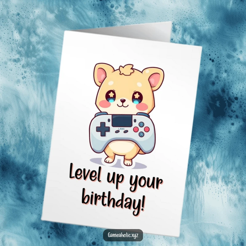 Funny Free Printable Birthday Card: A cute animal character with wide, starry eyes clutching an oversized game controller in excitement.