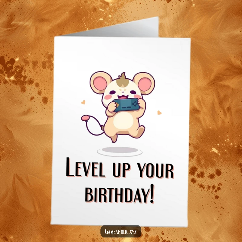 Funny Free Printable Birthday Card: Cute creature with round ears leaps joyfully, clutching a game controller in excitement.