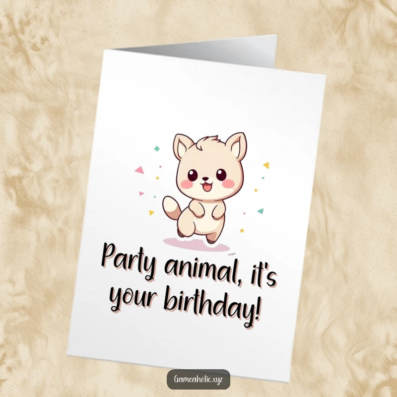 Free printable birthday card of a playful animal character scattering a trail of colorful confetti while celebrating.