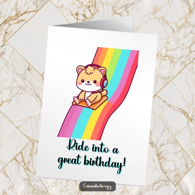Funny Free Printable Birthday Card: Cheerful animal with headset slides down a rainbow pixelated slide with pure joy.