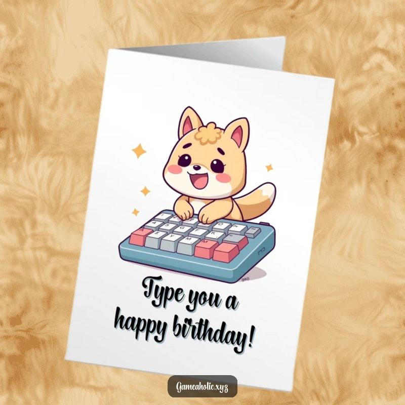 Funny Free Printable Birthday Card: An energetic animal beams while rapidly typing on an oversized keyboard.
