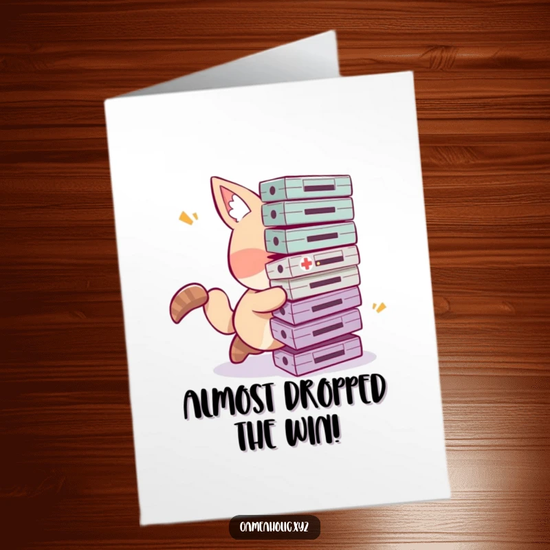 Funny free printable congratulations card featuring an animal character comically tripping while carrying a huge pile of game cartridges, celebrating effort.