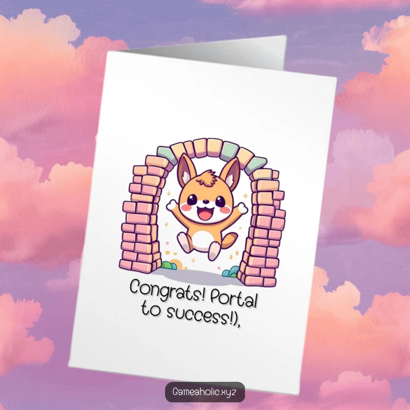 Funny Free Printable Congratulations Card: An excited animal character bursts through a colorful pixel portal, signifying a breakthrough achievement.