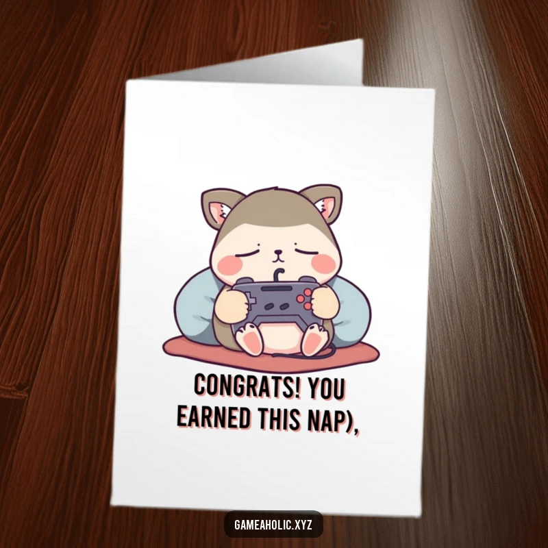 Funny Free Printable Congratulations Card: A content animal character snoozes soundly, a tiny game controller signifying a hard-won victory.