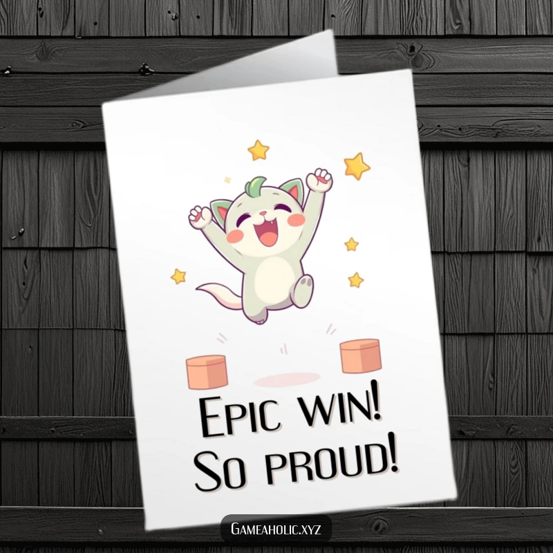 Funny Free Printable Congratulations Card: Cute creature leaps mid-air, cheering exuberantly for a well-deserved virtual win.
