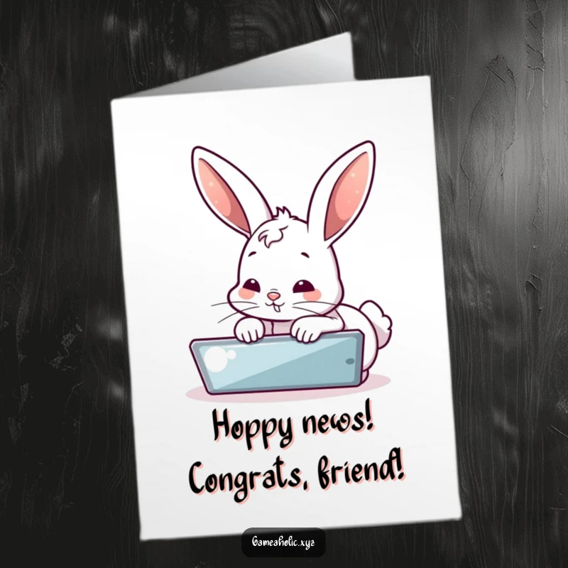 Funny Free Printable Congrats Card: Bubbly bunny with laser focus on a screen, celebrating your success with digital distraction.