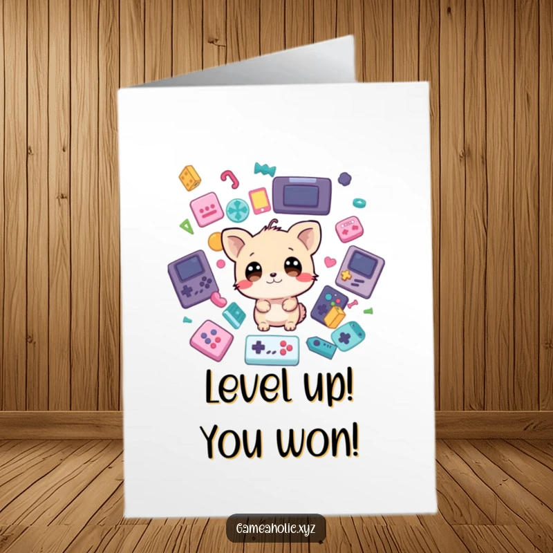Funny Free Printable Congrats Card: Shocked gaming animal amidst falling icons, celebrating a gamer's big win.