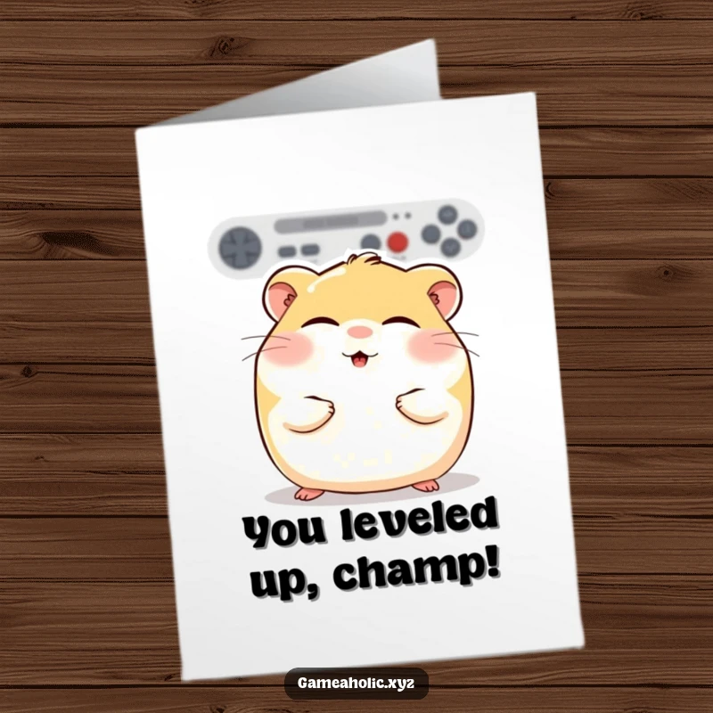 Funny Free Printable Congratulations Card: Round hamster with rosy cheeks, eyes closed in pure gaming bliss after a major victory.