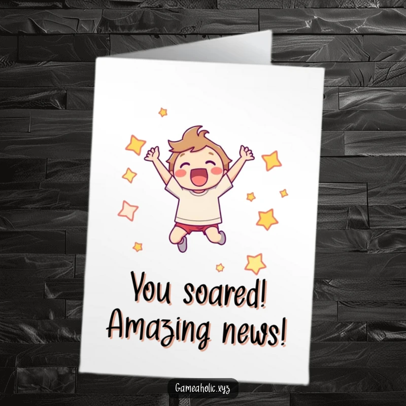 Funny Free Printable Congrats Card: A character leaps joyfully, surrounded by a shower of colorful pixelated stars in celebration.