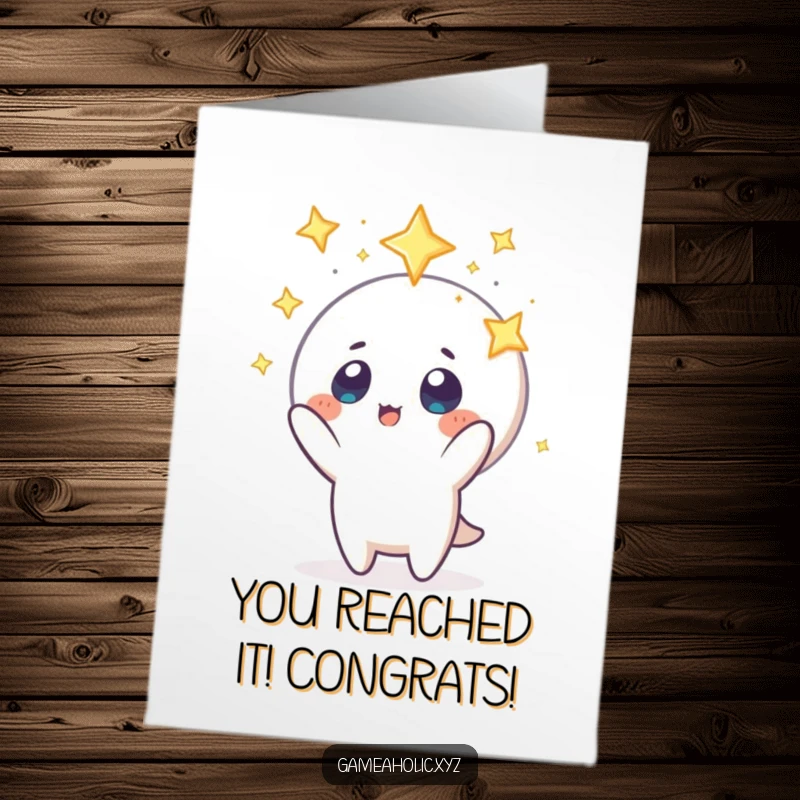 Funny Free Printable Congrats Card: Starry-eyed character reaching for a symbol of success, embodying excitement and a bright future.