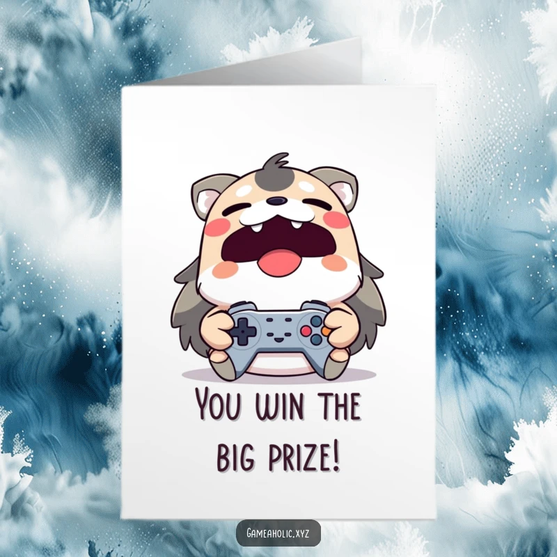 Free printable congratulations card of a yawning yet smiling animal character holding a game controller, celebrating a win.