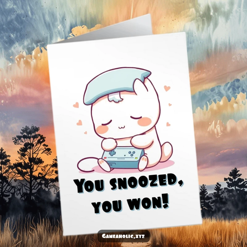 Funny Free Printable Congrats Card: Sleepy creature with a pillow head holding a game controller, celebrating a victory in their sleep.