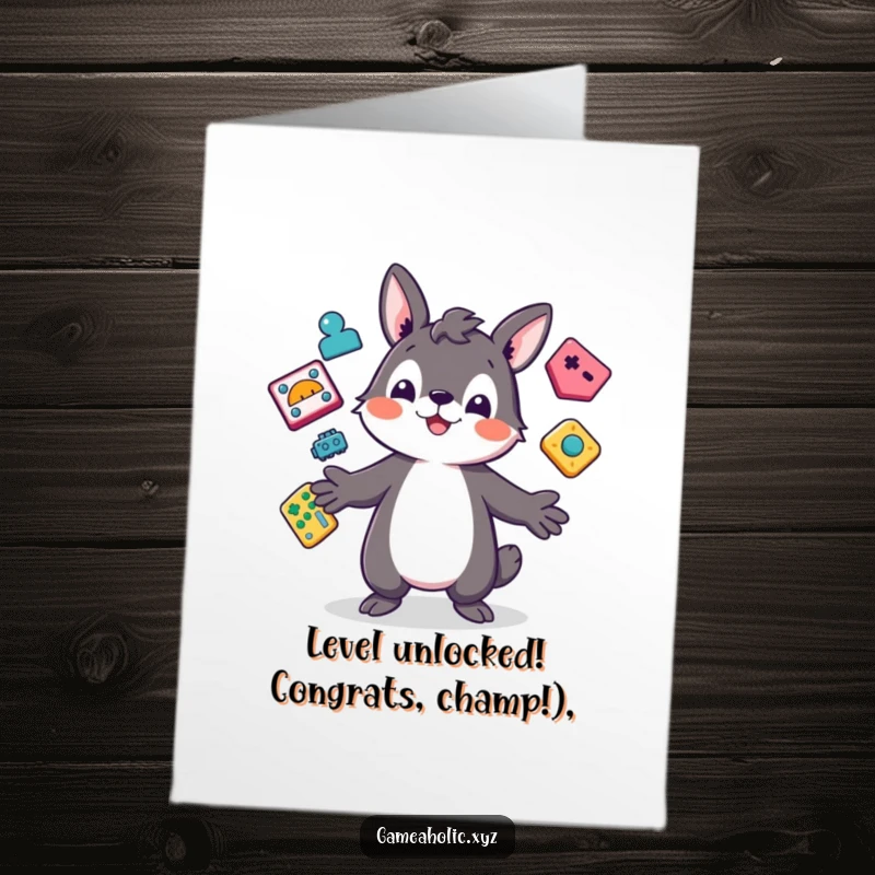 Funny Free Printable Congratulations Card: A happy animal character juggles abstract game icons, celebrating a successful level completion.