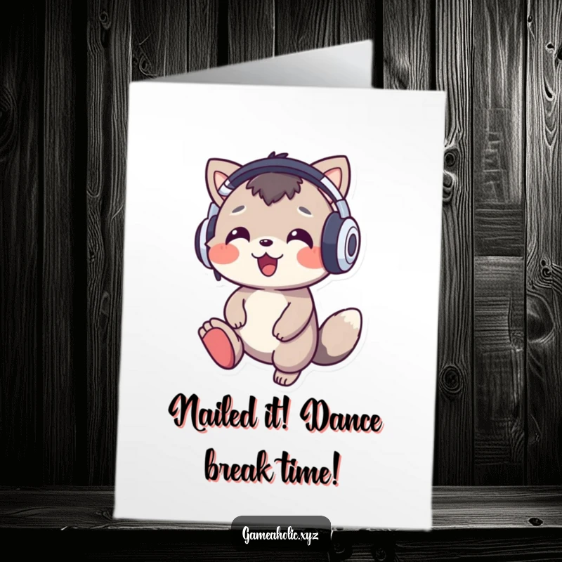 Funny Free Printable Congratulations Card: Cheerful animal with headphones tapping its foot, celebrating a rhythmic win.