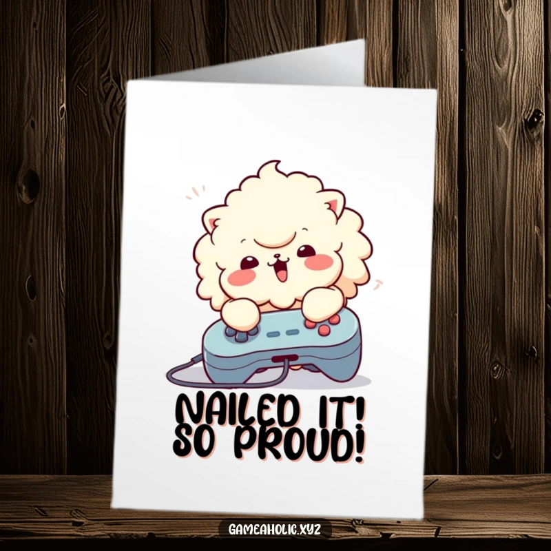 Funny Free Printable Congrats Card: A fluffy character enthusiastically mashing every button on a game controller in celebration.