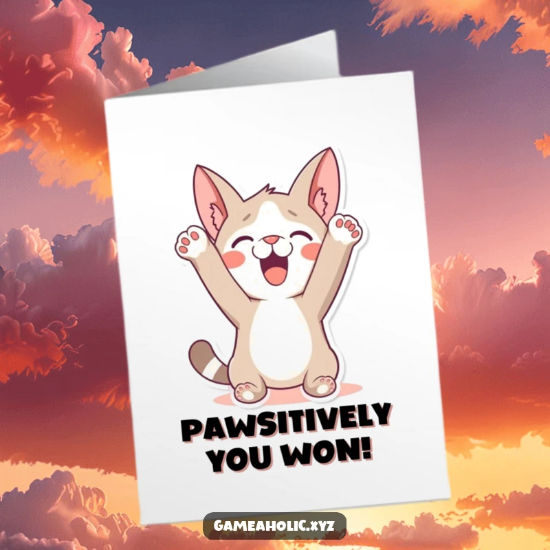 Funny Free Printable Congratulations Card: A jubilant character with paws triumphantly in the air, celebrating a massive win.