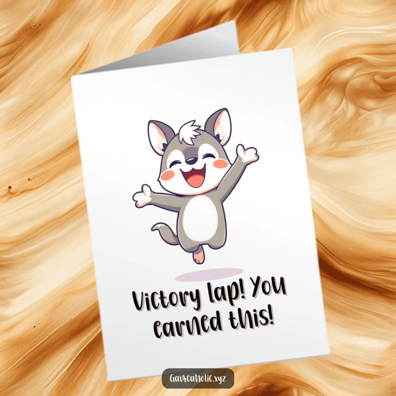 Funny Free Printable Congrats Card: Animal with determined grin jumping high in victory after winning.