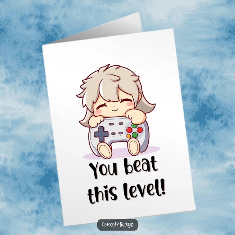 Funny Free Printable Congratulations Card: Character lovingly hugging a giant plush game controller, celebrating a hard-won victory.