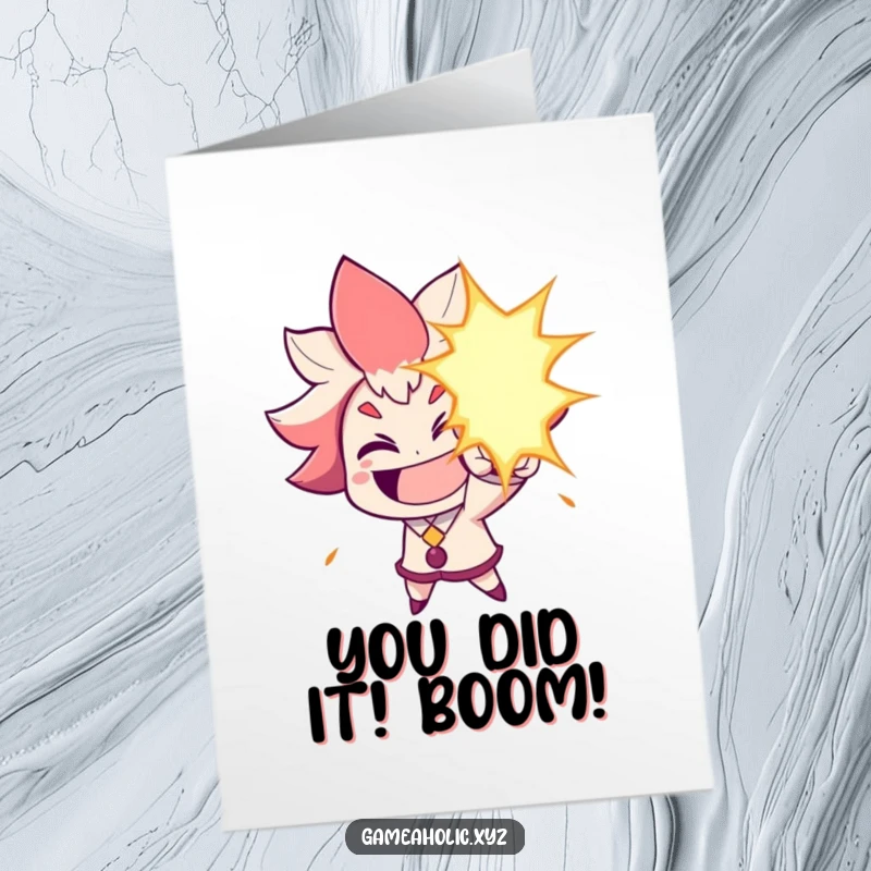 Free printable congratulations card showing a grinning character firing a funny energy blast, celebrating a momentous achievement with humor.