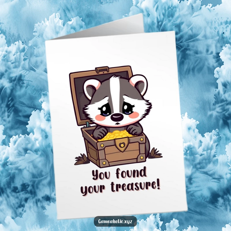 Funny Free Printable congratulations card with a badger showing heart eyes, captivated by a discovered treasure chest, celebrating unexpected fortune.