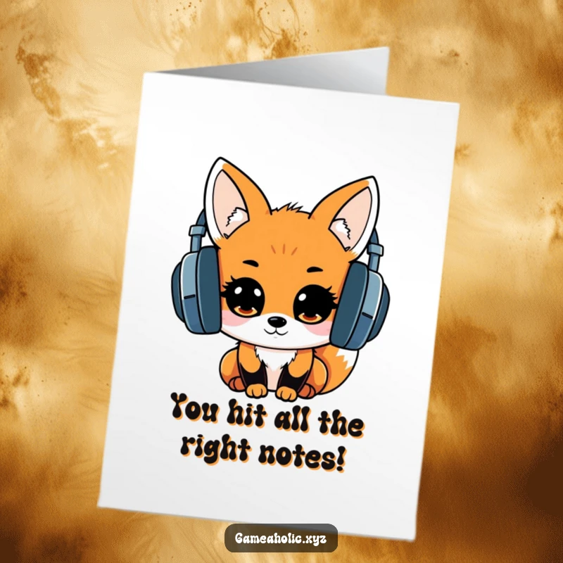 Funny Free Printable Congratulations Card: A kawaii fox with oversized headphones, eyes shining with excitement over a big win.