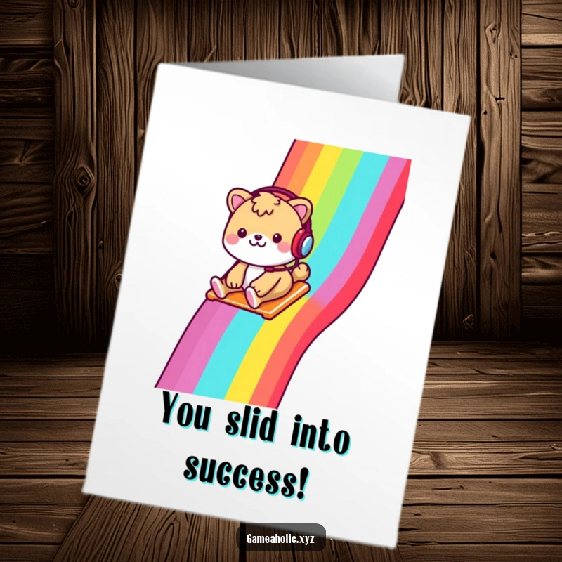 Funny Free Printable Congratulations Card: Cheerful animal with headset slides down a rainbow pixelated slide in celebration.