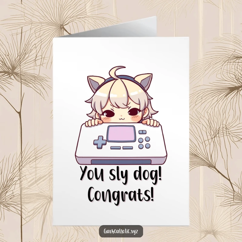 Funny Free Printable Congrats Card: Character peeking over console with mischievous smirk, celebrating slyly.