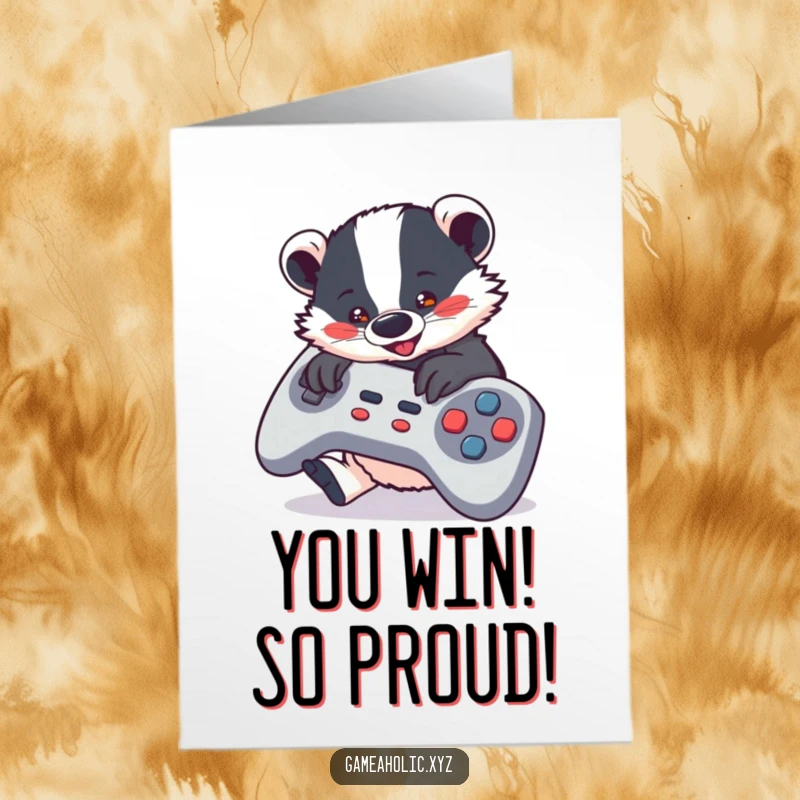 Funny Free Printable Congratulations Card featuring a cute badger intensely playing a video game with a huge controller.