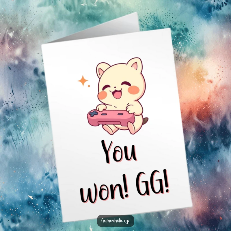Funny Free Printable Congratulations Card: A small creature enthusiastically mashing controller buttons with joy over your awesome win.
