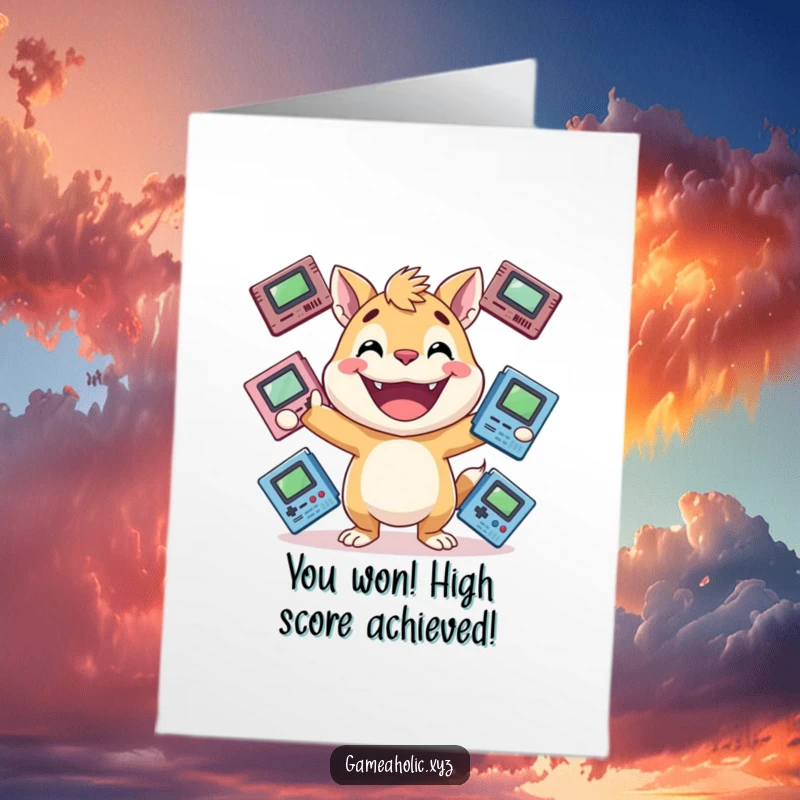 Funny Free Printable Congratulations Card: Energetic animal with a huge grin juggles game cartridges, celebrating a big win or achievement.