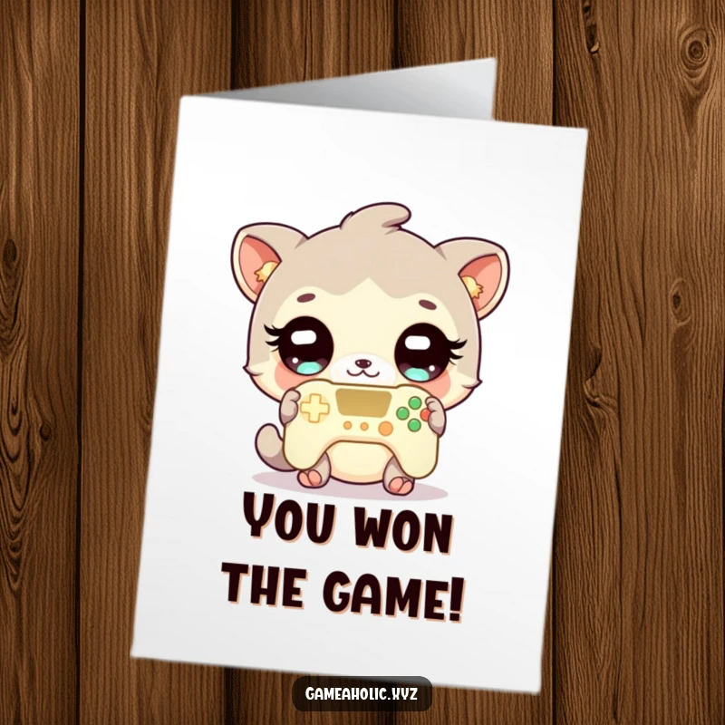 Funny free printable congratulations card showing a cute animal with sparkling eyes gripping a glowing game controller, celebrating a win.