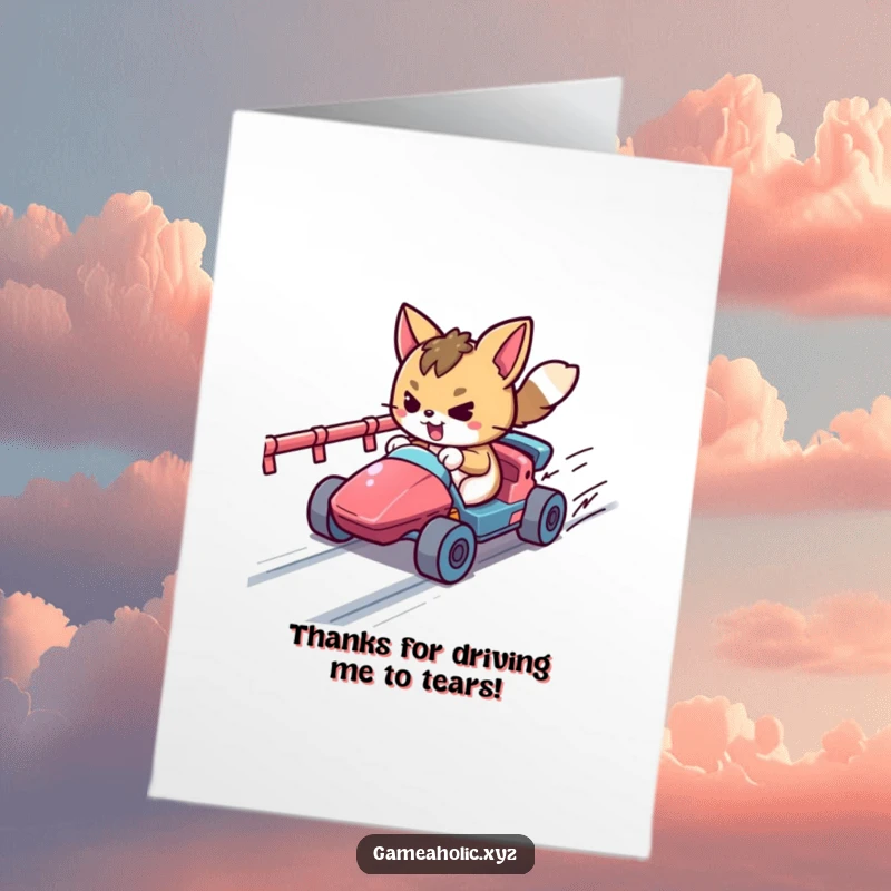 Funny Free Printable Thank You Card with a determined animal character racing a tiny vehicle on a pixelated track, a quirky thanks.