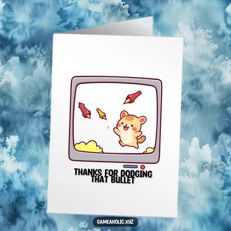 Funny Free Printable Thank You Card: A charming animal character gleefully evading falling objects, expressing gratitude for help.