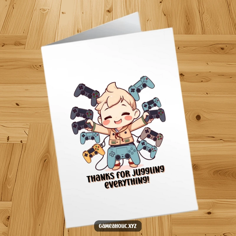 Funny Free Printable Thank You Card: A character with a goofy grin balances numerous game controllers, expressing thanks.