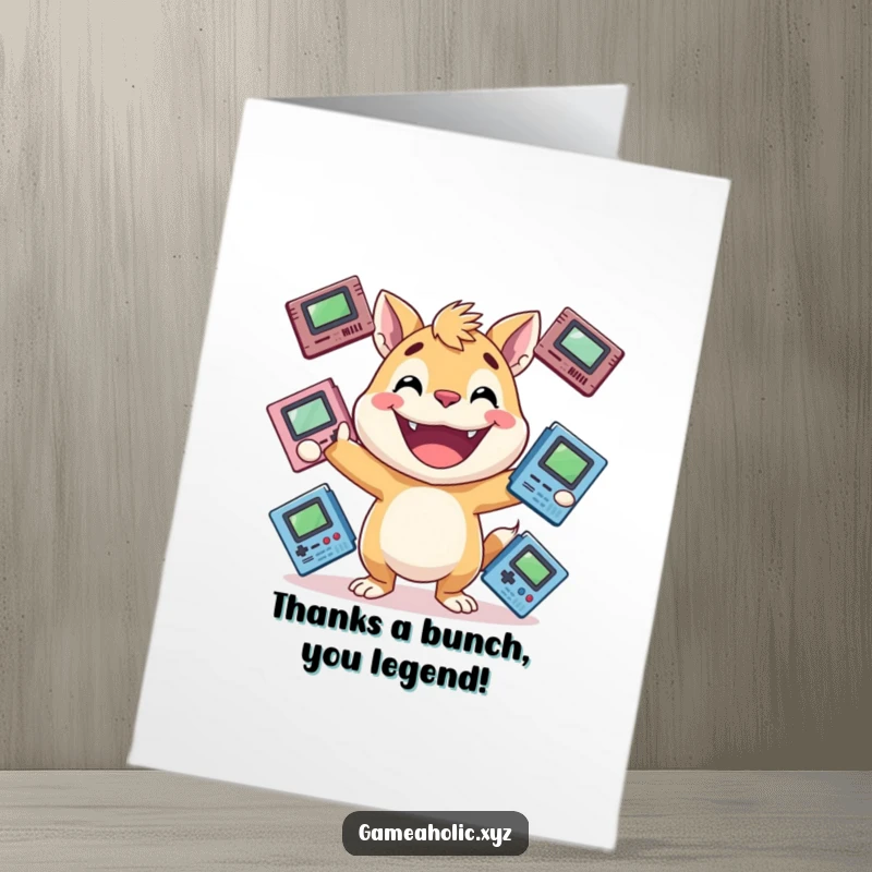 Funny Free Printable Thank You Card: Energetic animal with a huge grin juggles game cartridges, showing thanks with a playful, humorous touch.