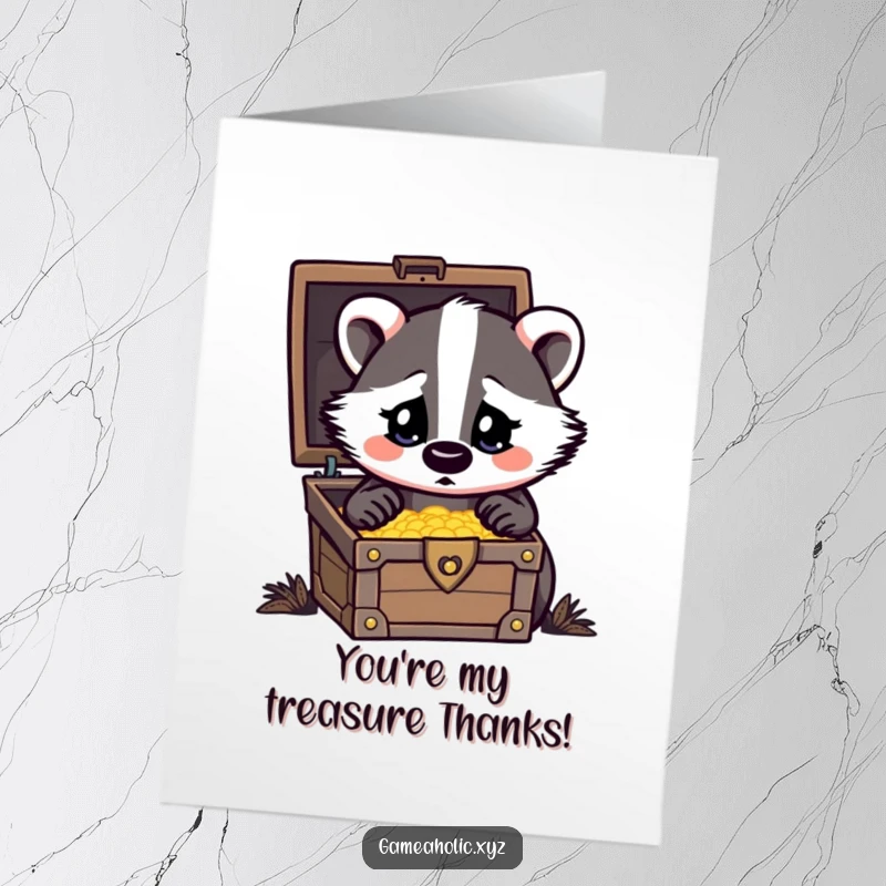 Funny Free Printable thank you card with a badger sporting heart eyes, looking adoringly at a treasure chest, expressing deep appreciation.