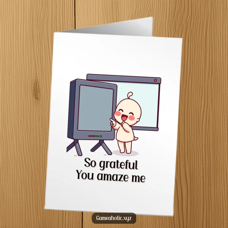 Funny Free Printable Thank You Card: Character with rosy cheeks pointing with delight at a giant screen, expressing sincere admiration.
