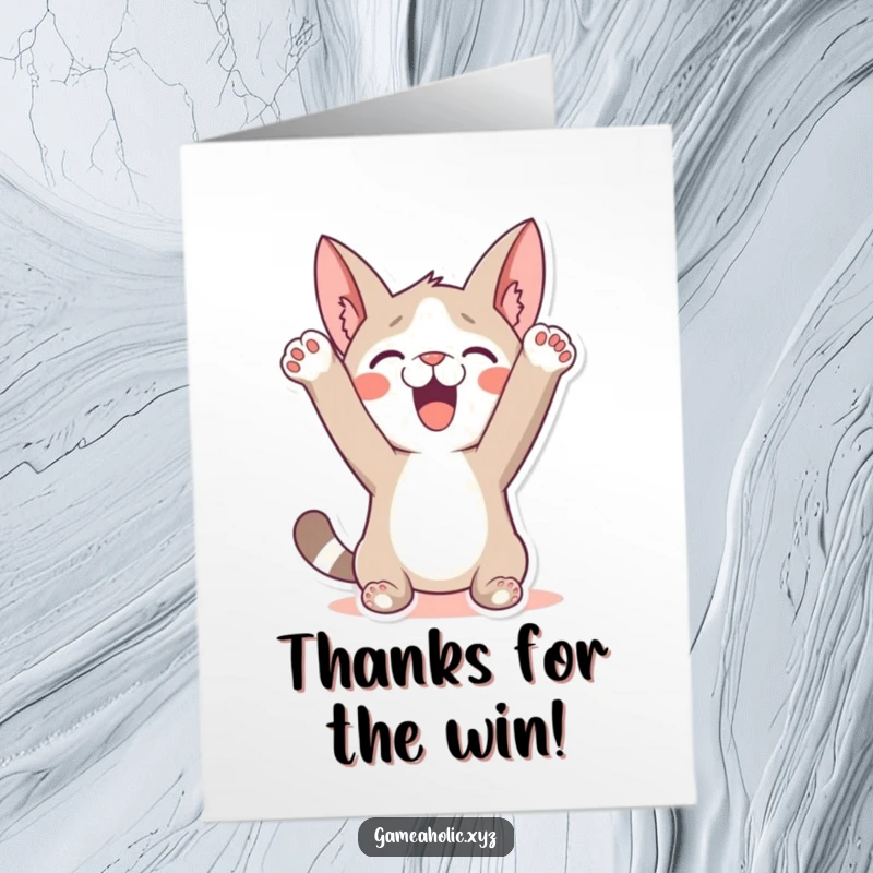 Funny Free Printable Thank You Card: A character joyfully raising its paws in the air, celebrating a grand victory.