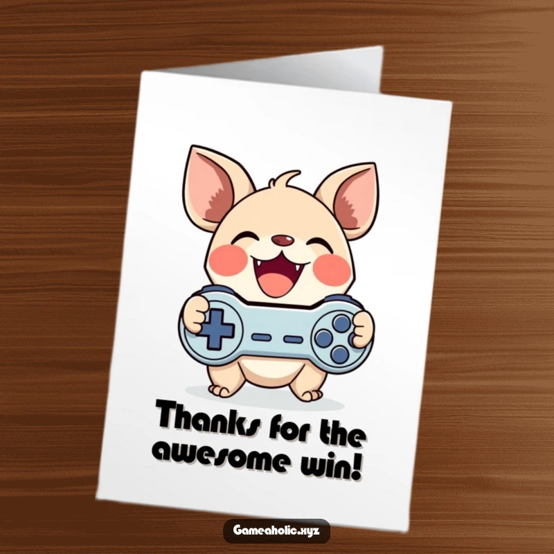Funny Free Printable Thank You Card: Creature with large ears gleefully holding a game controller to say thanks.