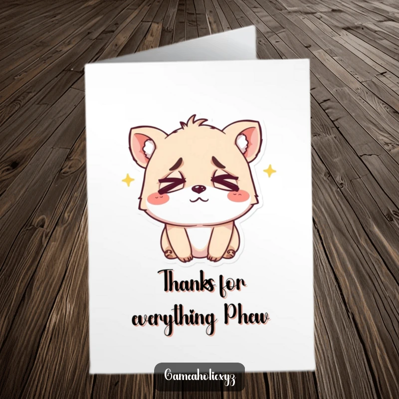 Funny Free Printable Thank You Card with an exhausted small animal, crossed eyes, smiling, conveying thanks. A relatable and heartwarming expression of gratitude.