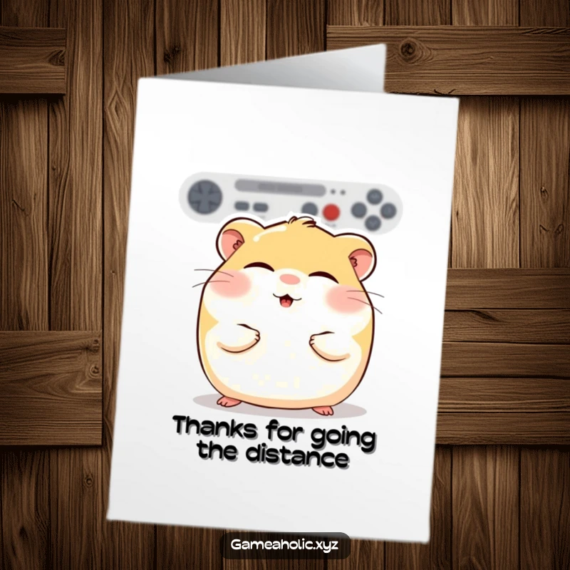 Funny Free Printable Thank You Card: A round hamster with rosy cheeks, eyes closed in gaming bliss, conveying thanks.