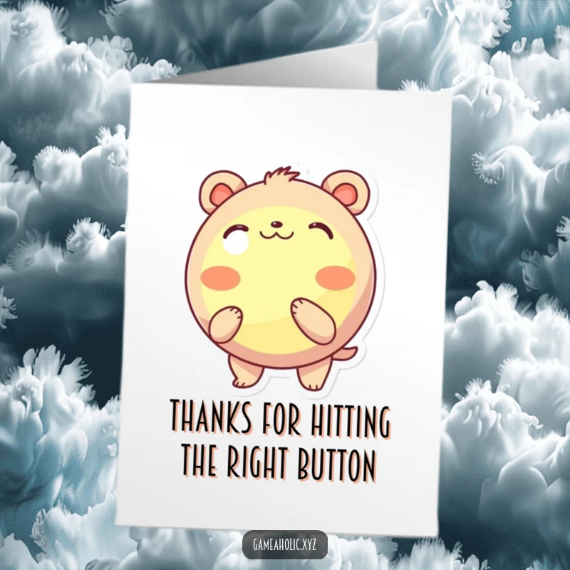 Funny Free Printable Thank You Card: A round animal character with rosy cheeks pressing a large, glowing button, conveying thanks playfully.