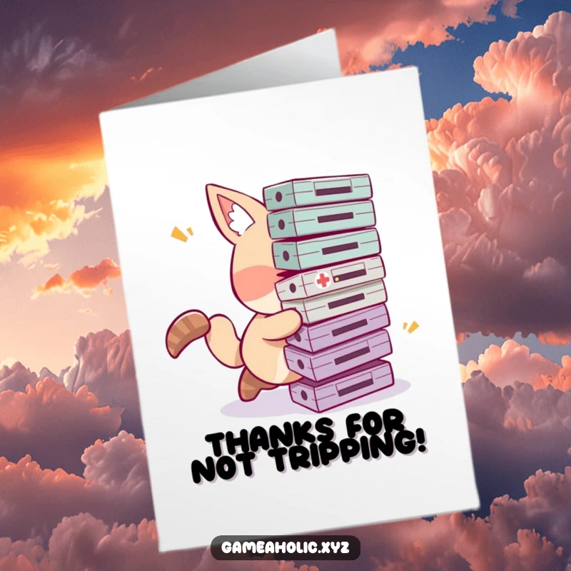 Funny free printable thank you card with an animal character comically tripping while carrying many game cartridges, showing thanks with humor.