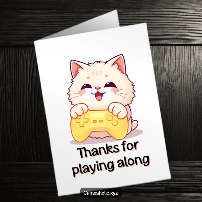 Funny Free Printable Thank You Card: A fluffy cat gamer grinning widely, paws on a controller, expressing thanks.