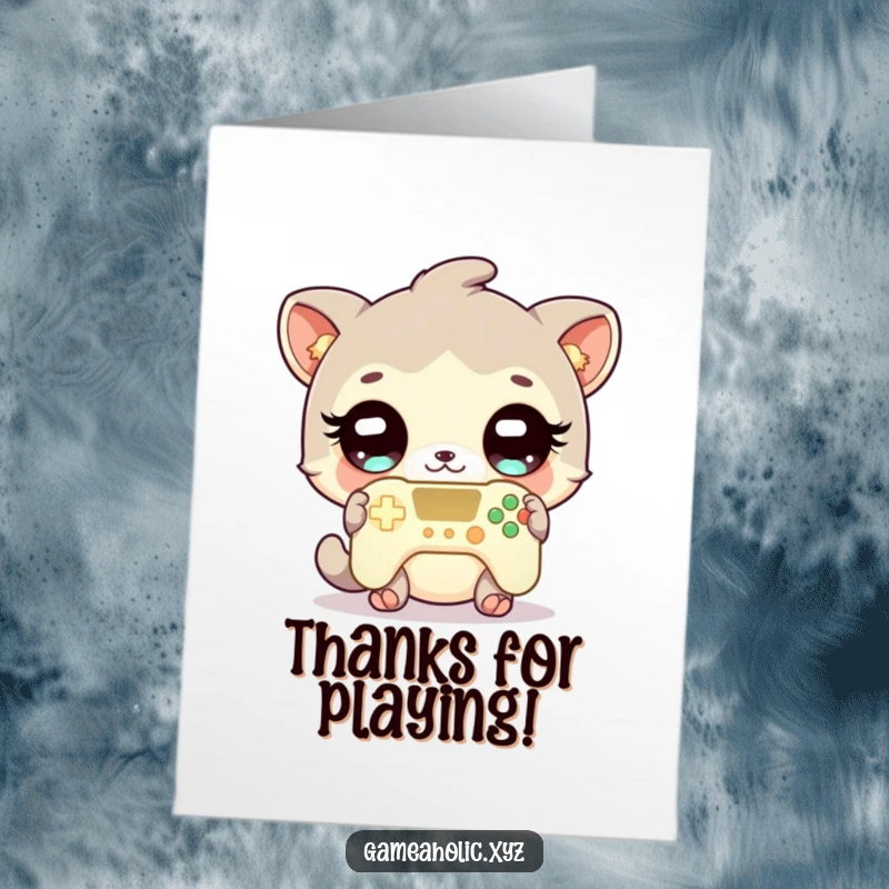 Funny free printable thank you card featuring a cute animal with wide eyes holding a glowing game controller, thanking them with gaming flair.