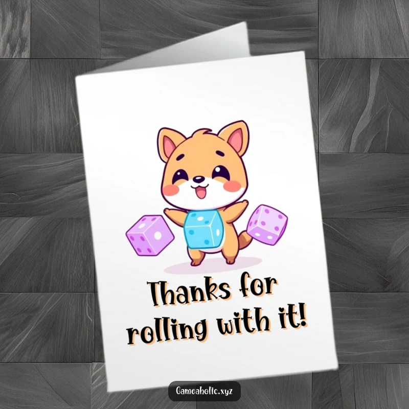 Funny Free Printable Thank You Card: Playful animal juggling glowing digital dice, a unique way to say thank you.