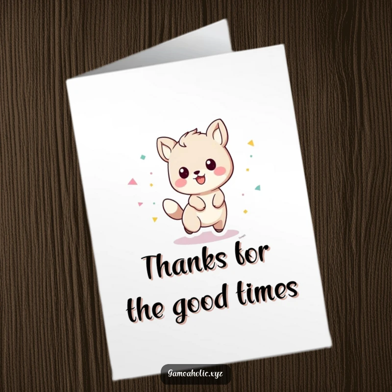 Free printable thank you card featuring a playful animal character with a trail of confetti, expressing thanks cheerfully.