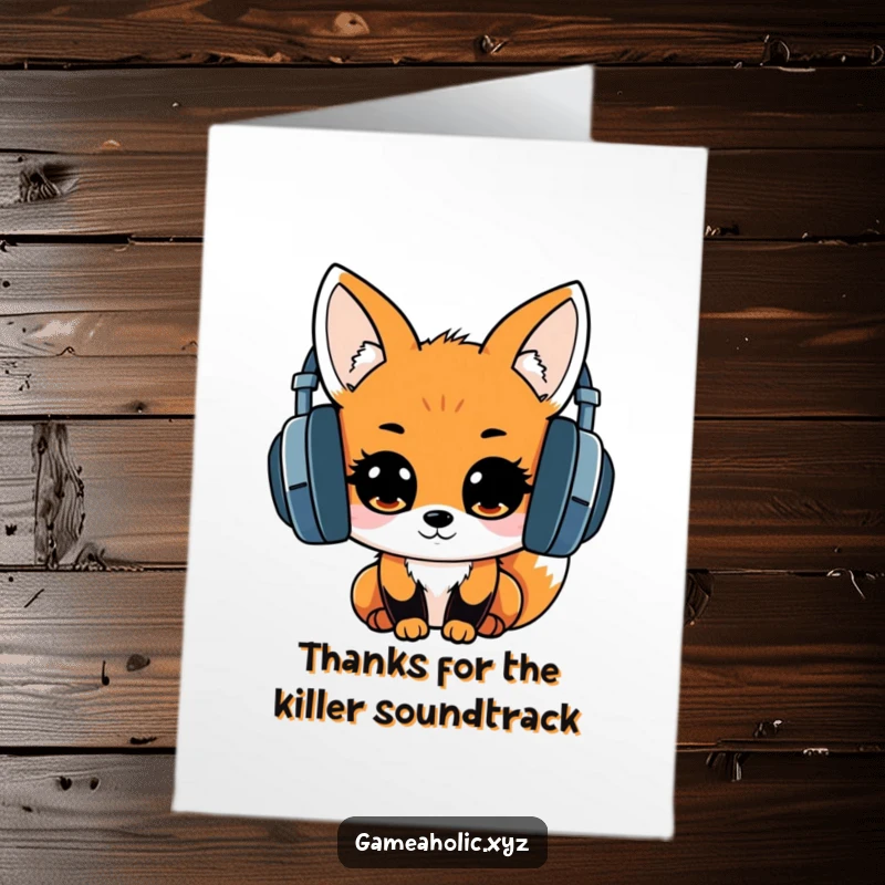 Funny Free Printable Thank You Card: A kawaii fox rocking out with headphones, expressing thanks with sparkling, happy eyes.